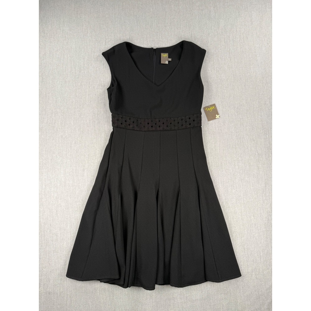 Taylor Womens Black V-Neck Eyelet Waist Pleated Fit Flare Dress Size 6‎ NWT